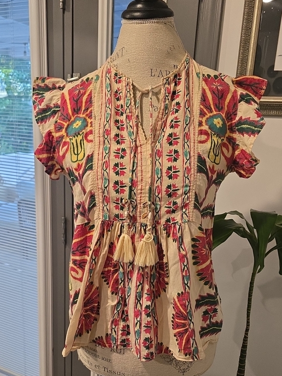 Haute Hippie Tops - Haute Hippie Boho Embroidered Tassel Peasant Top - Cream & Red Floral